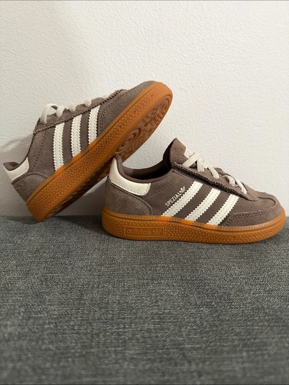 adidas Kids Brown Suede Sneakers with White Stripes